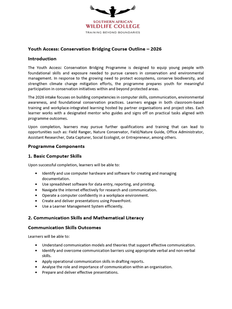 Youth Access Course Outline 2026 | PDF | Communication | Conservation ...