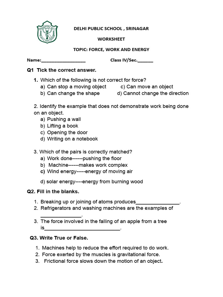 Worksheet Force- Work and Energy.docx | PDF | Force | Physics