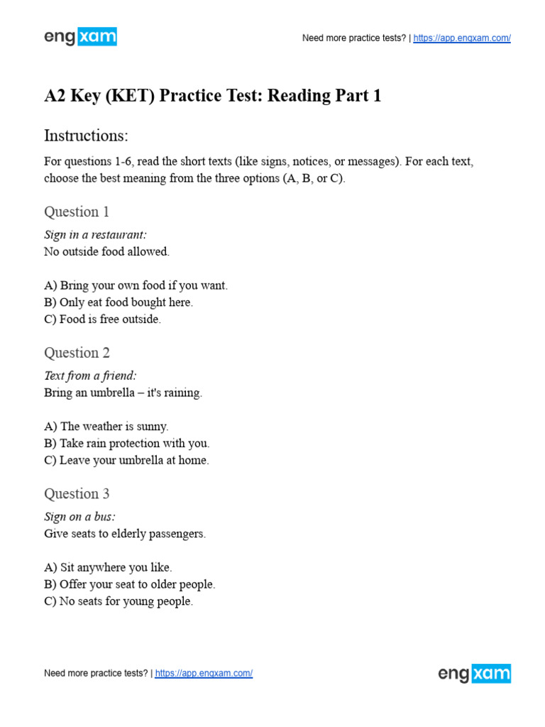 a2 Key Ket Practicie Test 5 Reeading Part 1 1 (1) | PDF