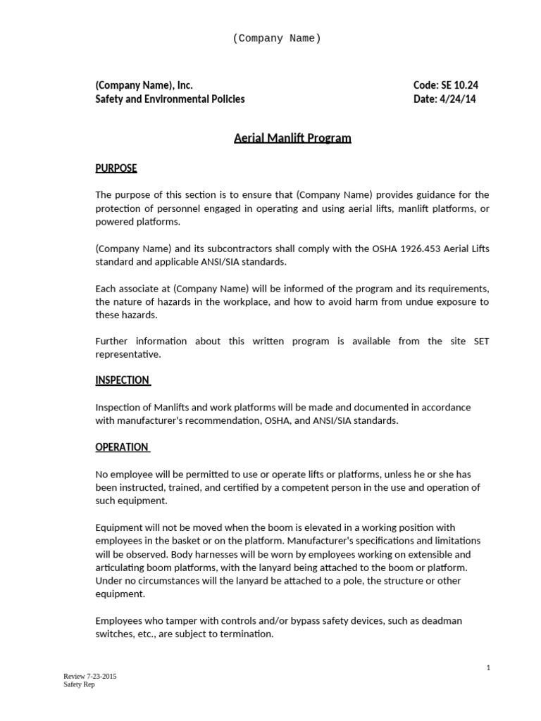 Sample Manlift Program | PDF | Elevator | Occupational Safety And ...