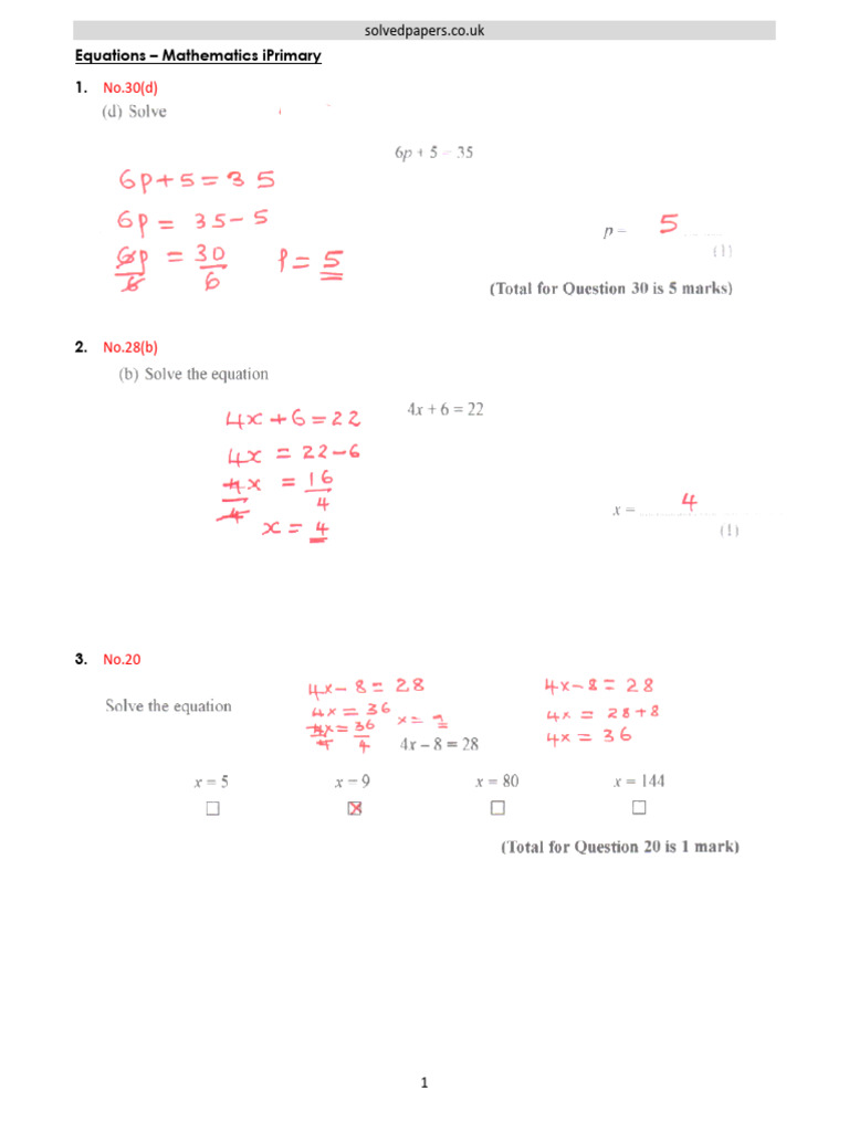 Sample Equations Edexcel Math IPrimary | PDF