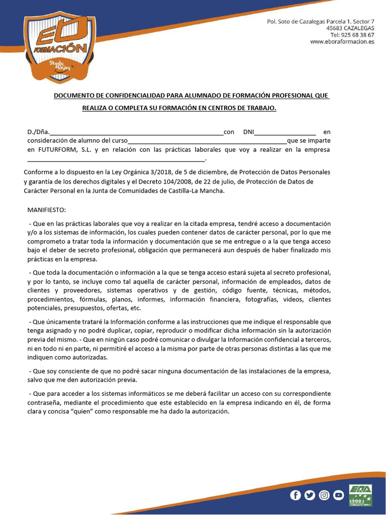 Compromiso Confidencialidad Ebora Formacion | PDF | Privacidad de la ...