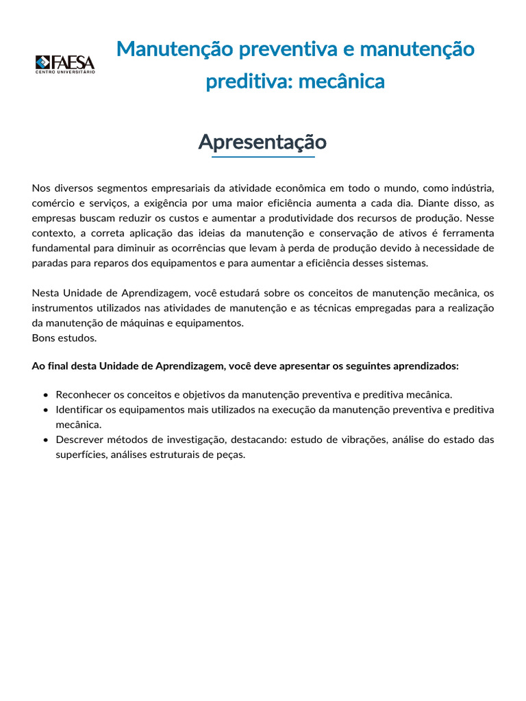 Manutenção Preventiva e Manutenção Preditiva - Mecânica | PDF ...