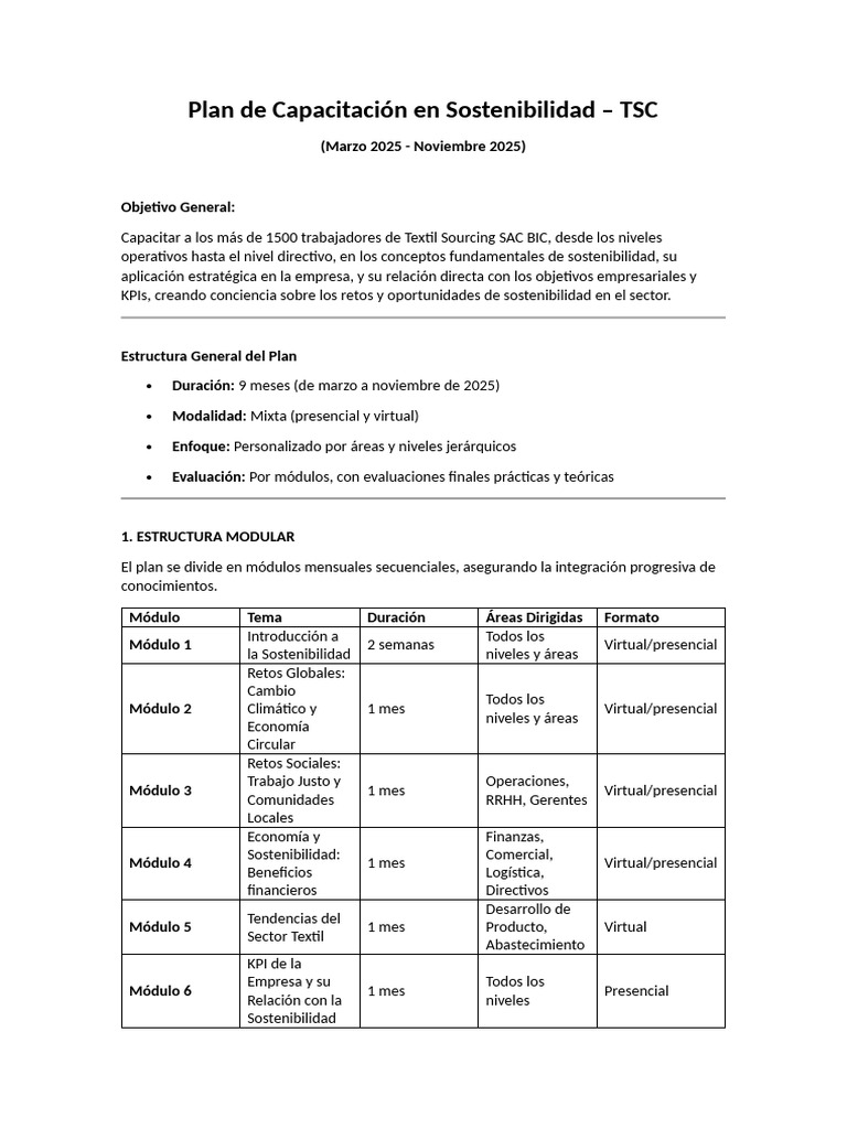 Plan de Capacitación en Sostenibilidad Tsc 2025 (1) | PDF ...