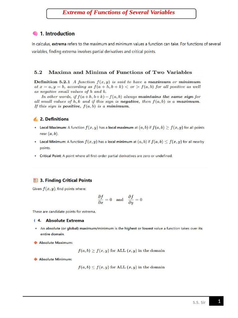 Extrema of Functions of Several Variables 4th Sem Class | PDF
