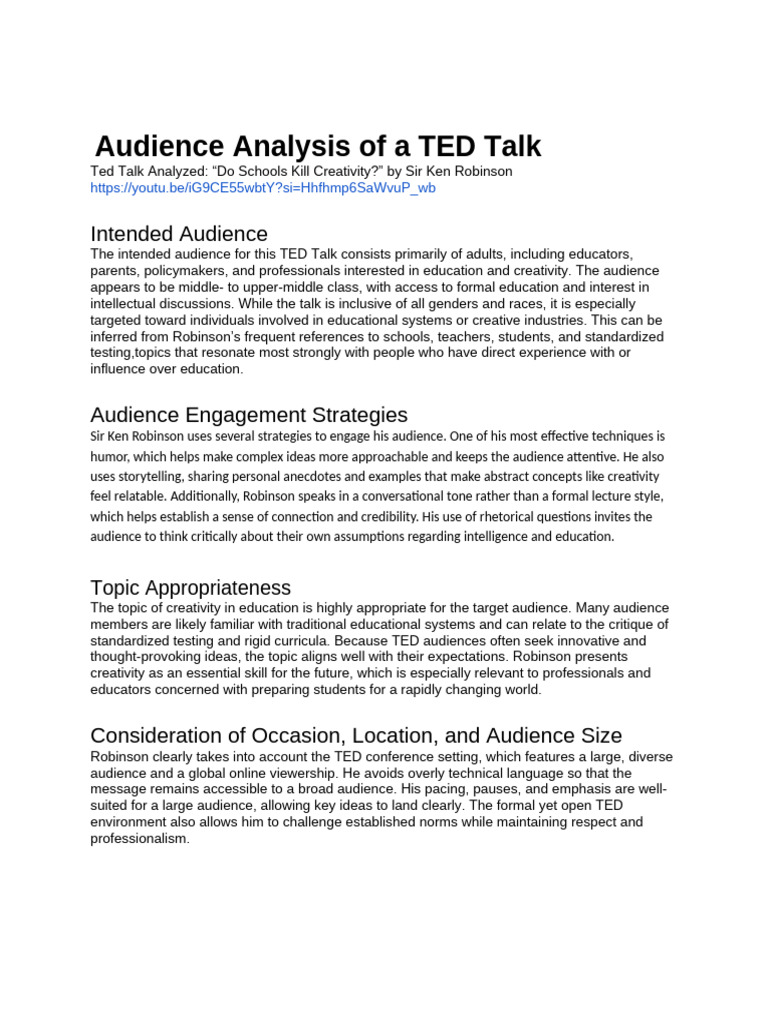 Audience Analysis of a TED Talk | PDF | Creativity | Audience