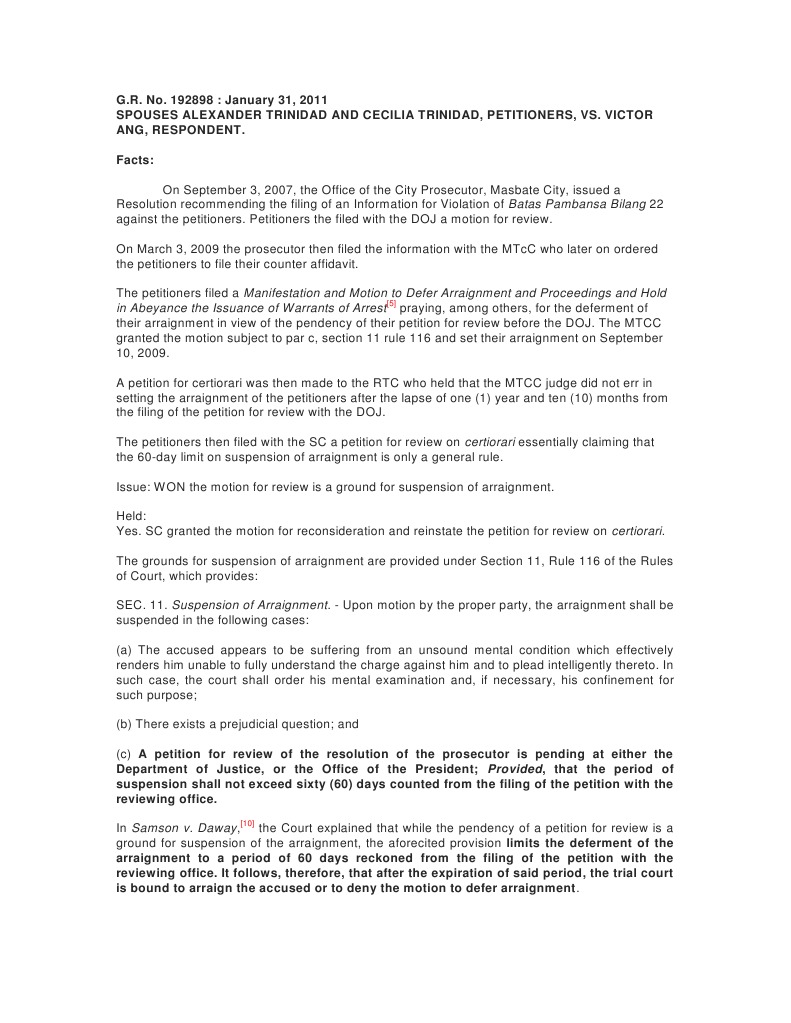 Spouses Trinidad Vs Ang Suspension of Arraignment PDF Arraignment Social Institutions