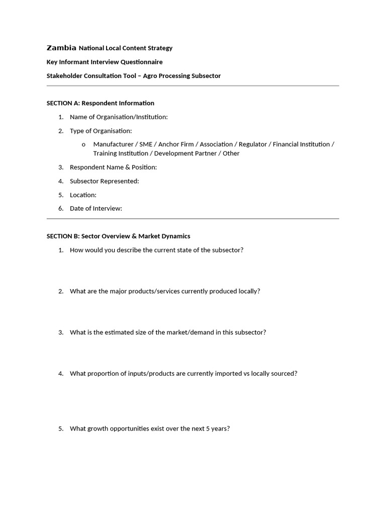 NLCS Key Informant Interview Questionnaire - Agro Processing Subsector ...