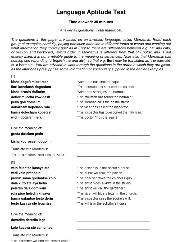 ML Language Aptitude Test Paper Specimen Communication Human