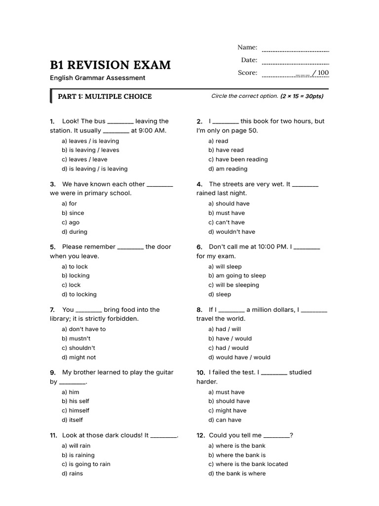 B1 Revision Exam | PDF