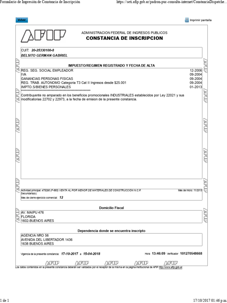 Belsito Constancia Inscripcion AFIP | PDF | Impuestos | Finanzas del ...
