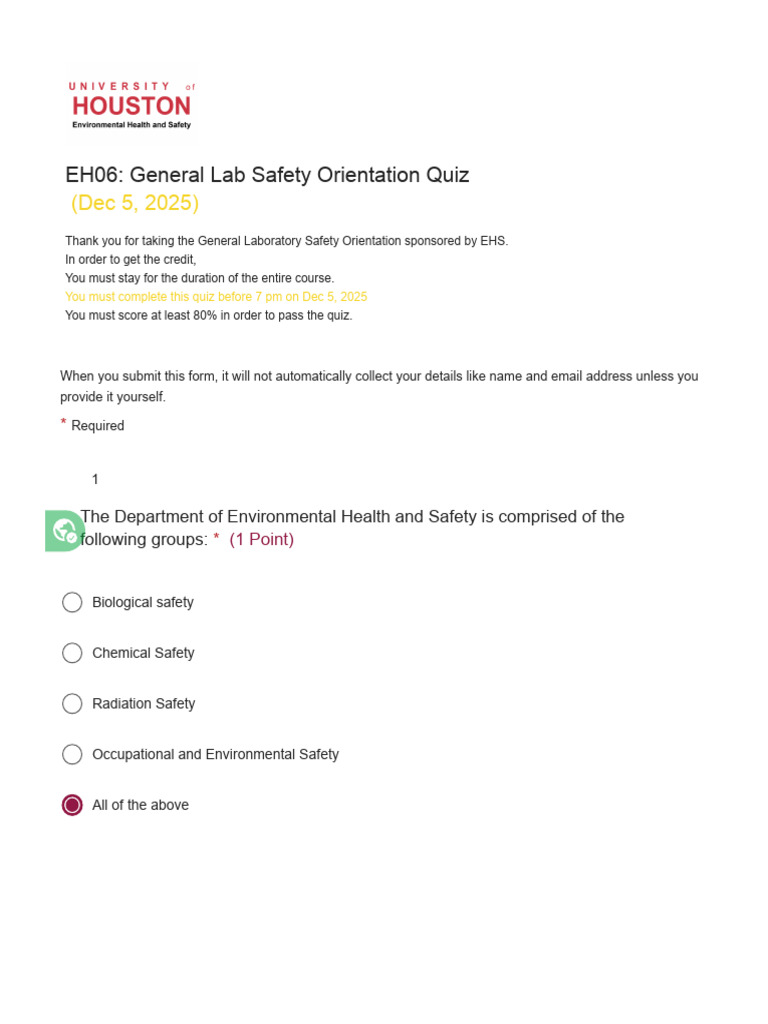 EH06 - General Lab Safety Orientation Quiz (Dec 5, 2025) | PDF ...