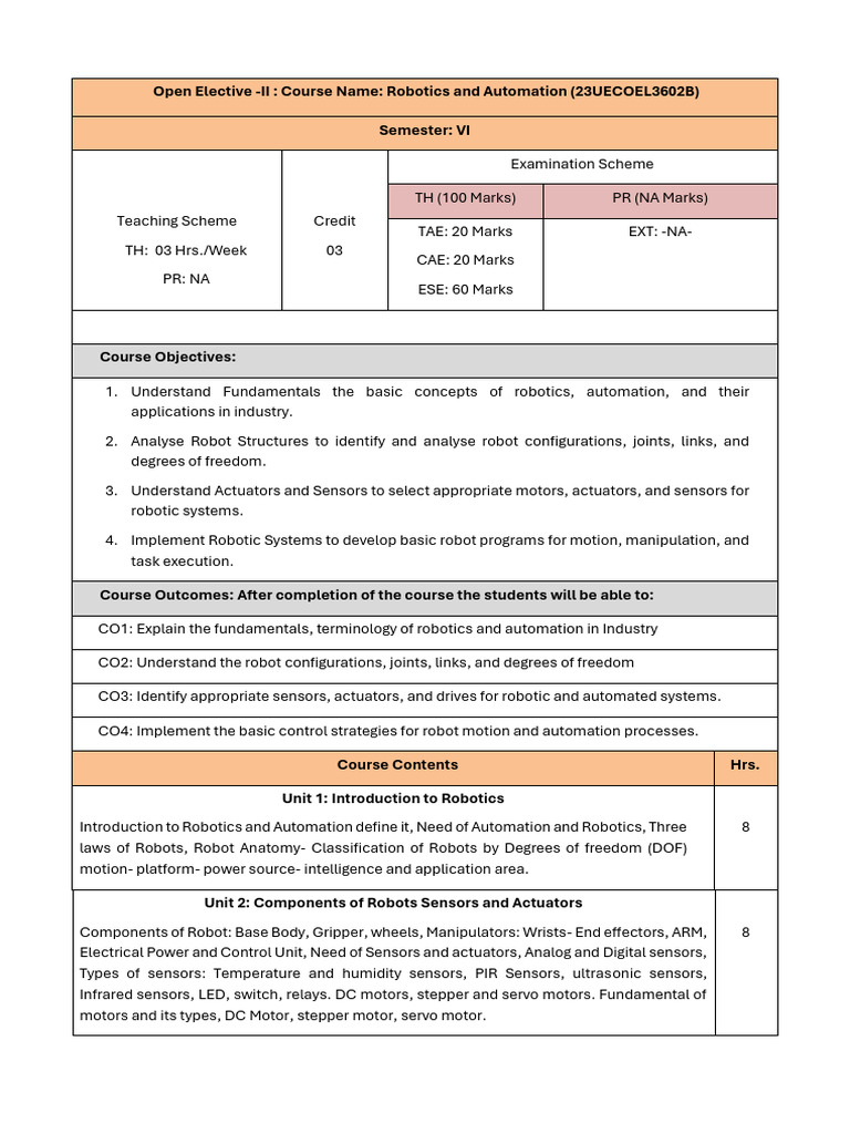 Robotics and Automatation Syllabus Summer 2026 | PDF | Robotics ...