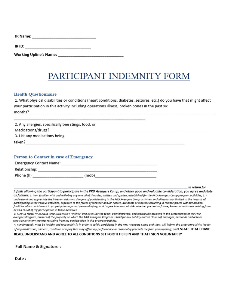 Indemnity Form - Pro Camp | PDF | Indemnity