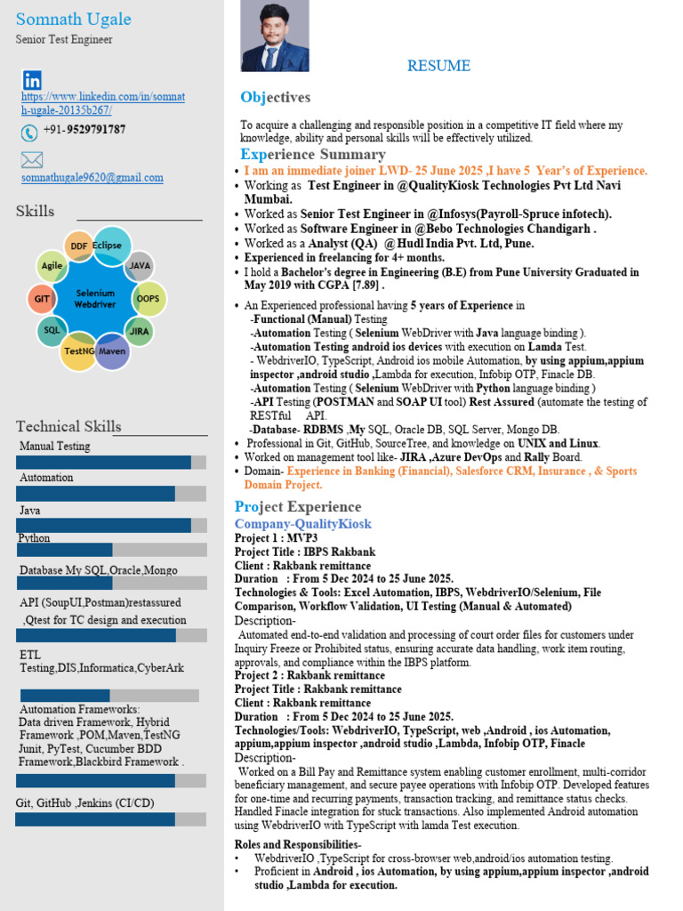 Somnath Ugale Exp 5 Y QA Resume | PDF | Software Testing | Selenium ...