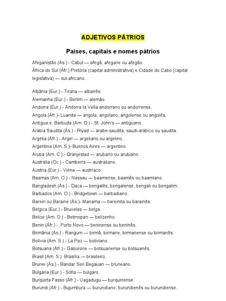Adjetivo Que Indicam Nacionalidade Origem Das Pessoas