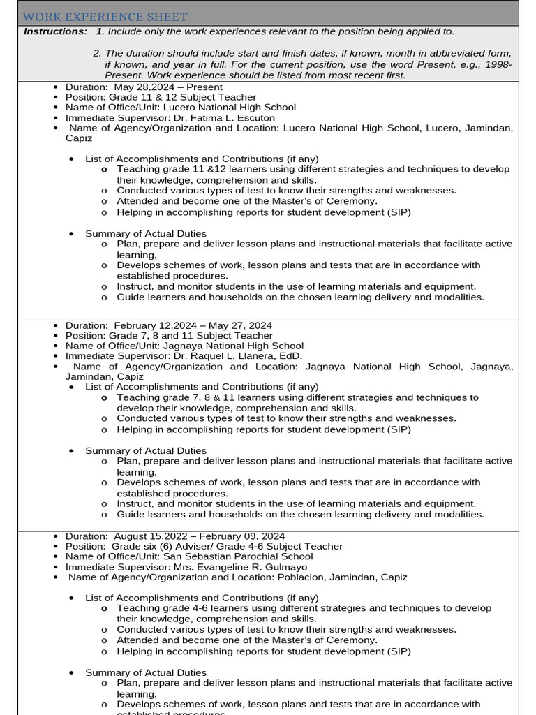 CS Form No 212 Work Experience Sheet-1 | PDF | Lesson Plan | Learning