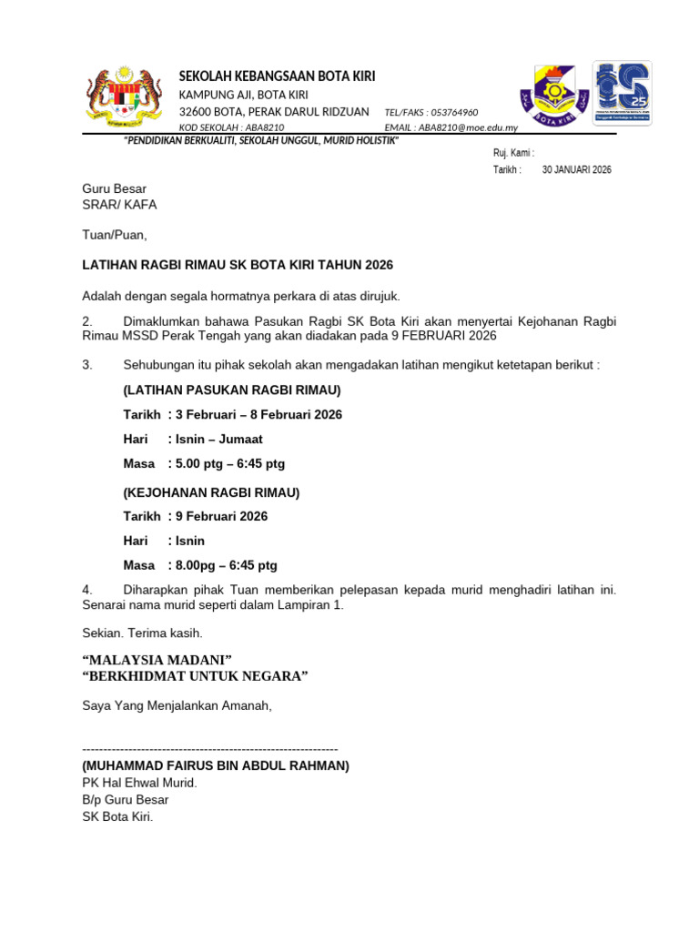 Surat Kebenaran Latihan Ragbi Dan Merentas Desa (1) | PDF