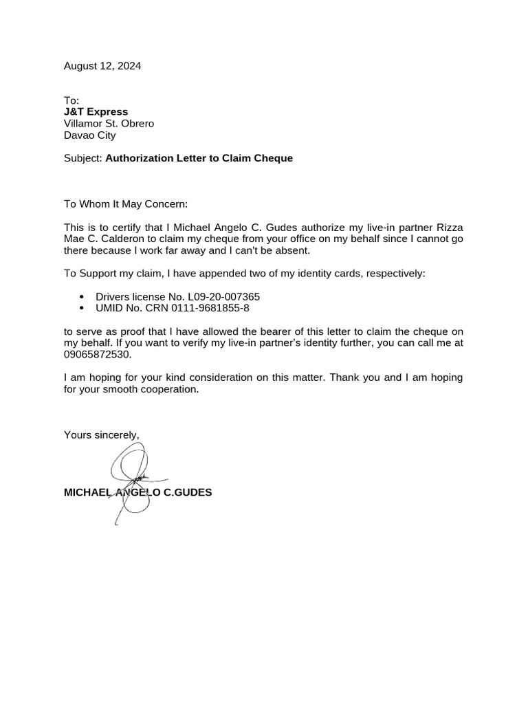 Authorization To Claim Cheque To J&T | PDF