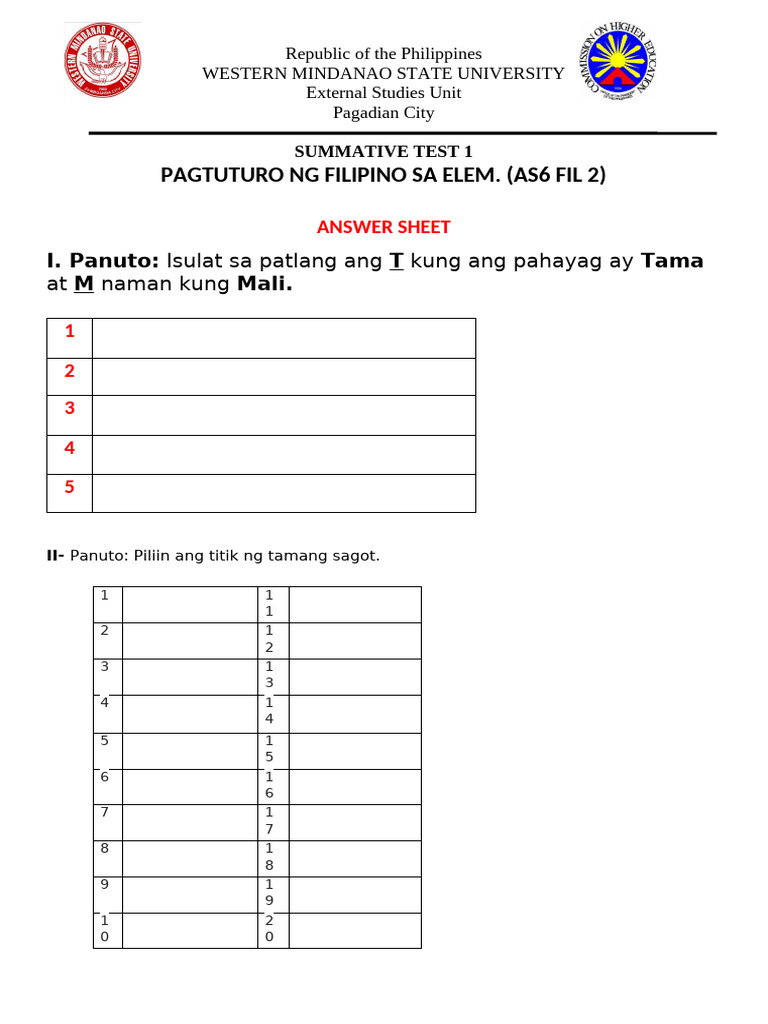 Answer Sheet Summative Test 1 Fil | PDF