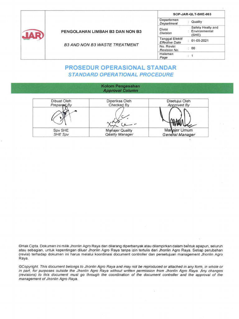 SOP-JAR-QLT-SHE-003 B3 and Non B3 Waste Treatment Rev 00 | PDF