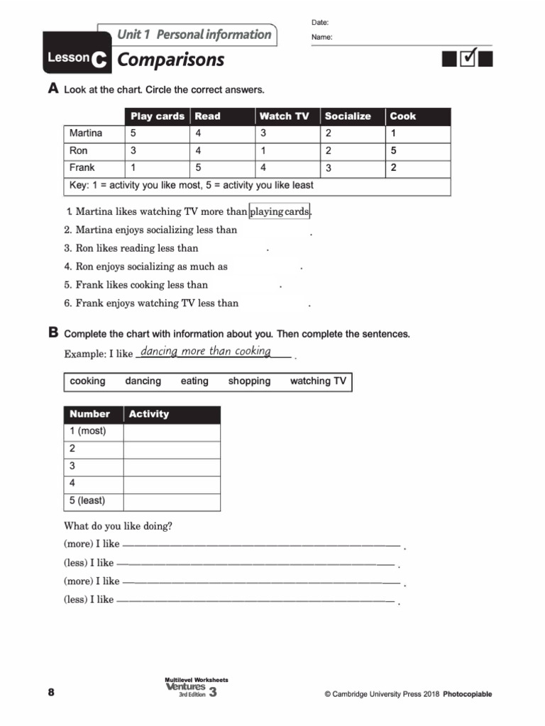 Level 3 Unit 1 Lesson C Worksheet | PDF
