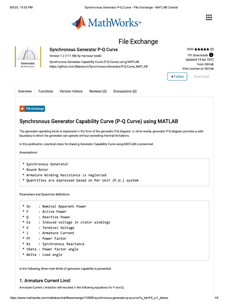 Synchronous Generator Capability Curve (P-Q Curve) Using MATLAB | PDF