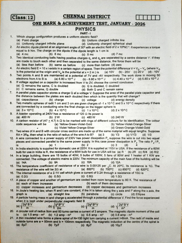 12 Std Physics One Mark Question Paper Chennai District | PDF