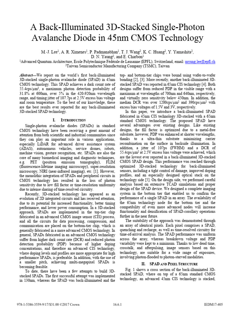 A Back-illuminated 3D-Stacked Single-photon Avalanche Diode in 45nm ...