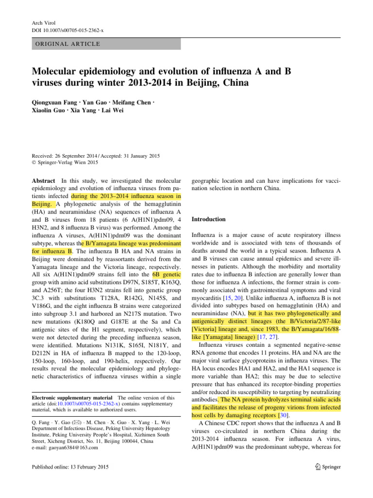 Molecular Epidemiology and evolution of influenza A and B viruses ...