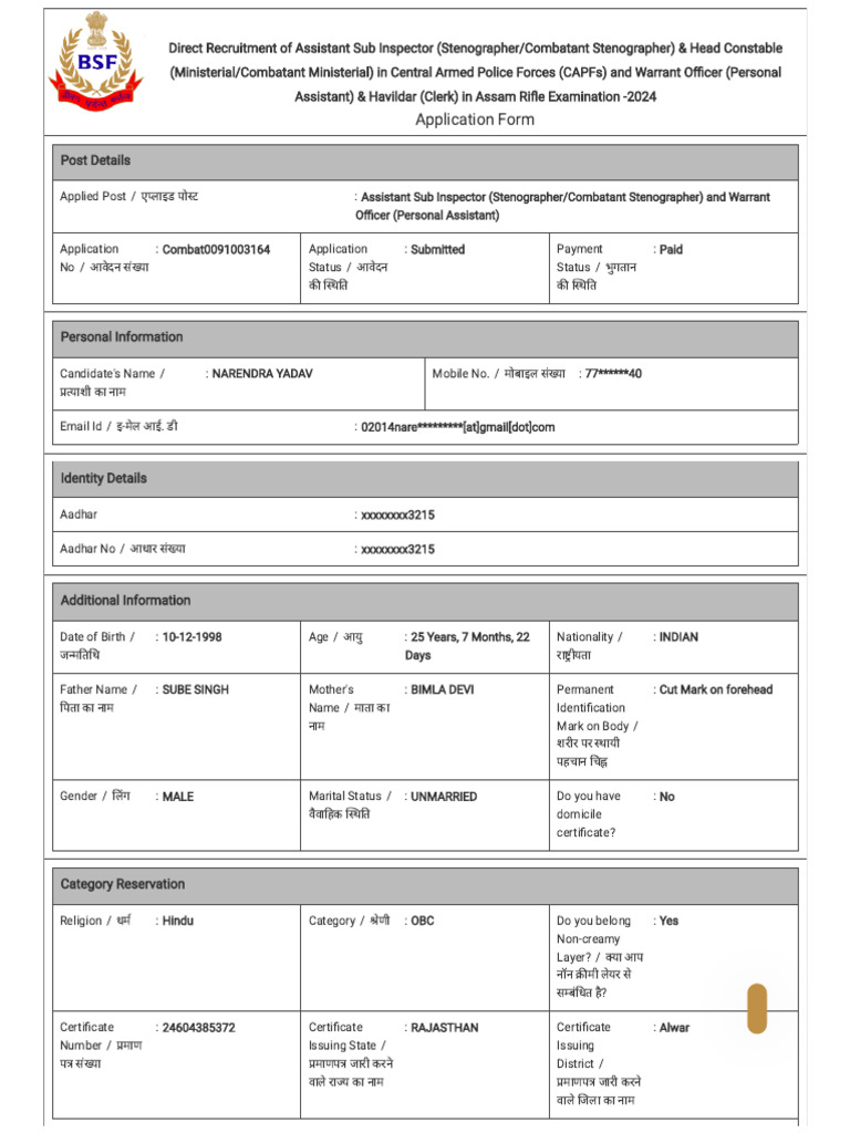 Bsf Capf Asi Application Form 2024 | PDF | Government Of India | Government