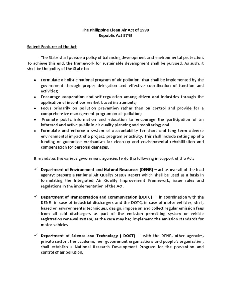 The Philippine Clean Air Act of 1999 | PDF | Clean Air Act (United ...