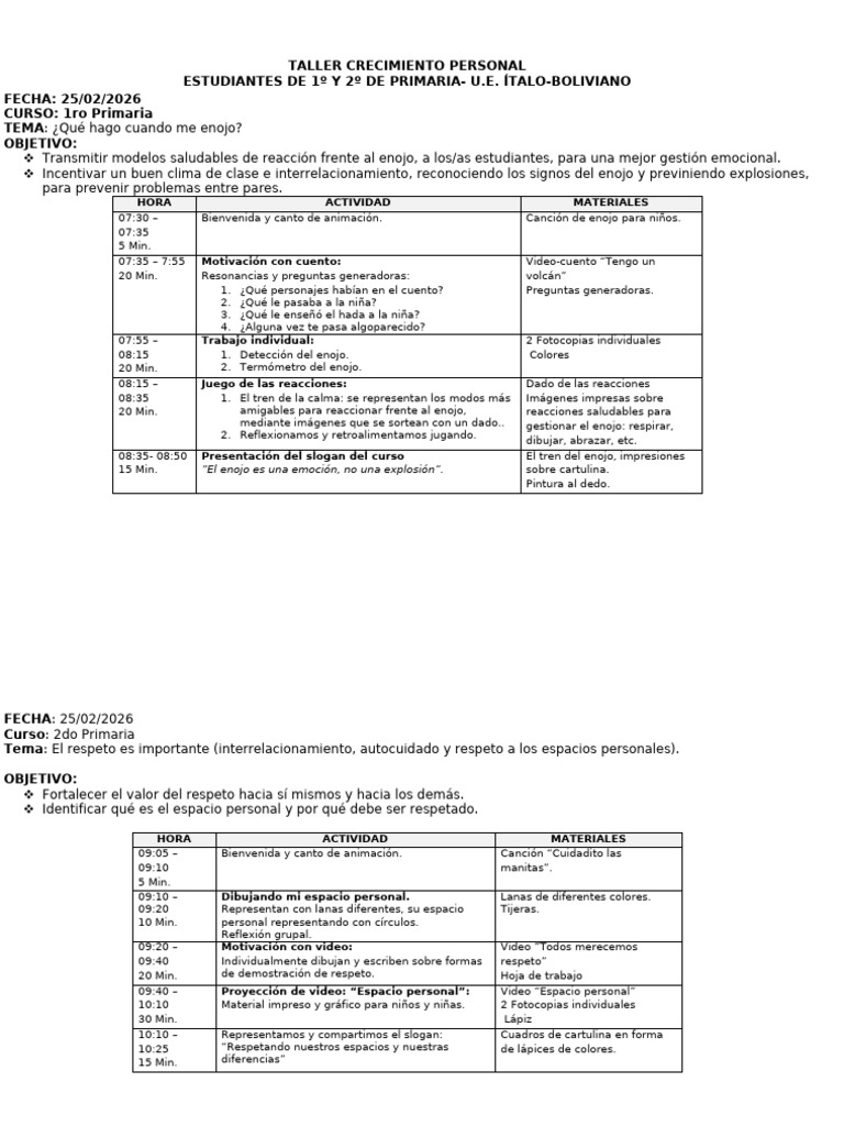 Taller Crecimiento Personal Primaria y Secundaria 1 Trim | PDF ...