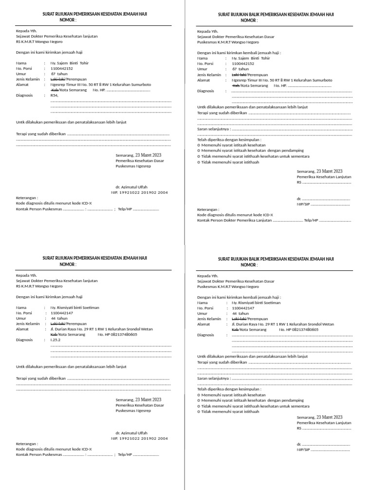 Surat Rujukan Pemeriksaan Kesehatan Jemaah Haji (1) | PDF