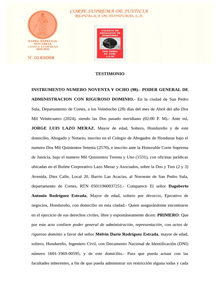 Poder de Administración Con Facultades de Riguroso Dominio en ...
