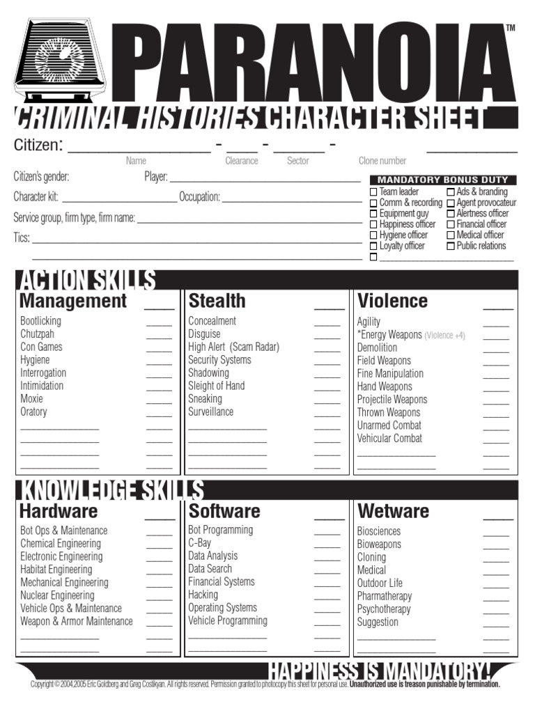 Paranoia XP Criminal Histories Character Sheet Formfillable | PDF