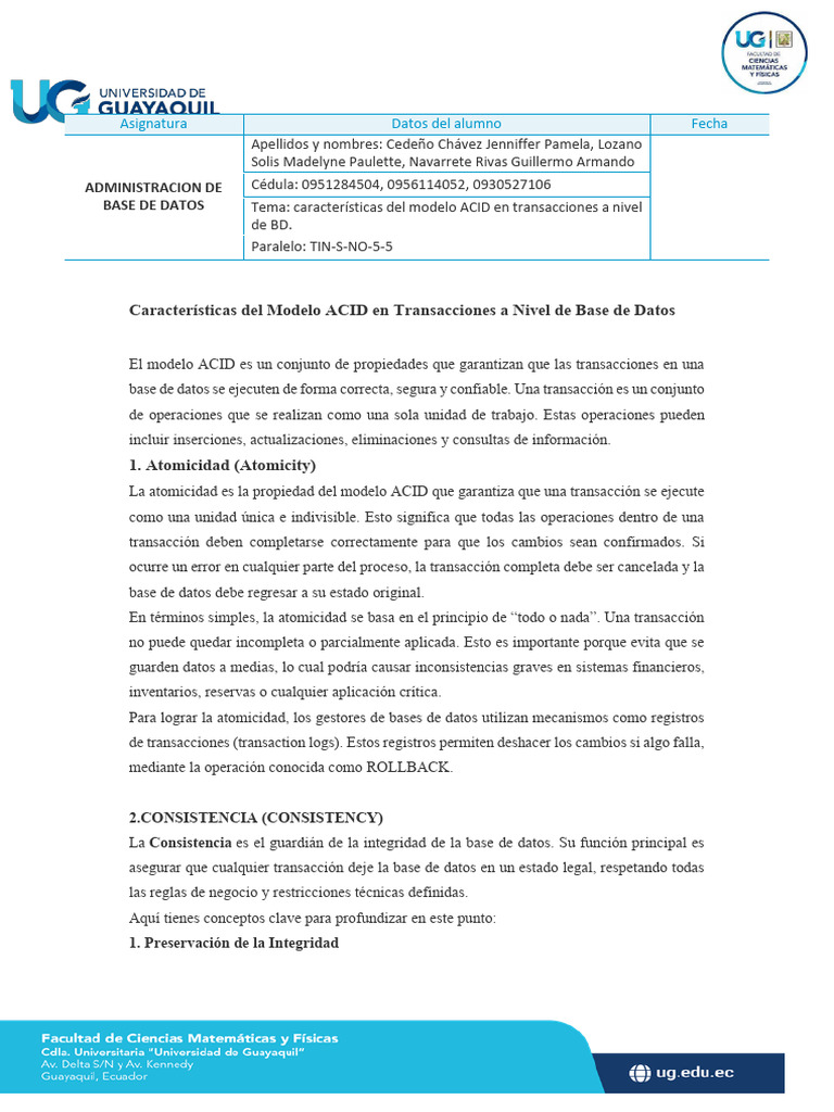 Características Del Modelo ACID en Trasacciones A Nivel de BD. | PDF ...