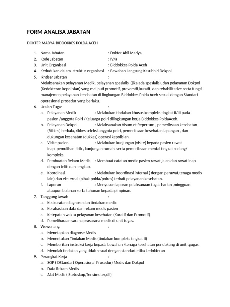 Form Analisis Jabatan DR - Rona | PDF