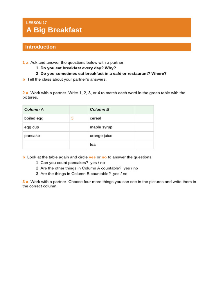 A1 Lesson17 a Big Breakfast | PDF | Noun | Linguistics