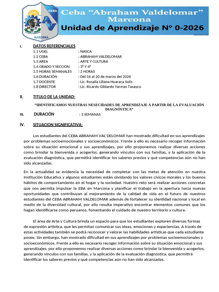 Unidad de Aprendizaje #0 - Arte y Cultura 3° y 4° Av 2026 | PDF ...