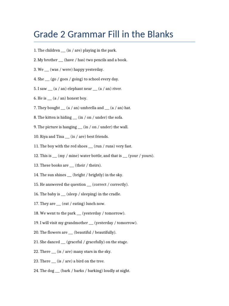 Grade 2 Grammar Fill Blanks | PDF