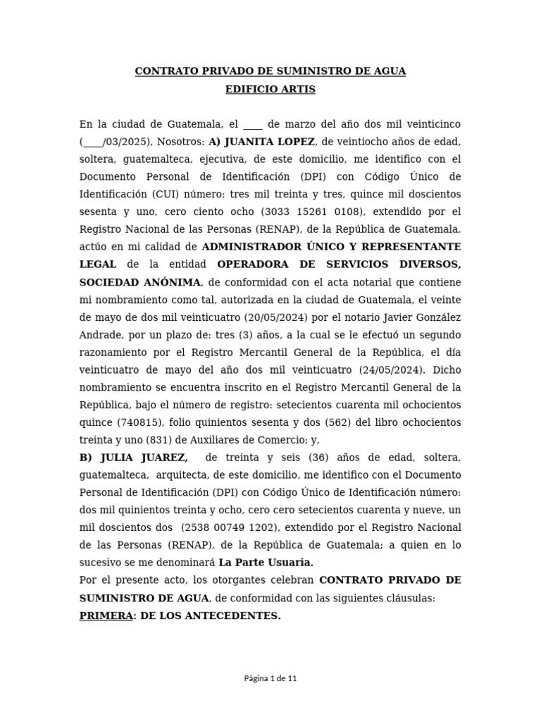 Contrato de Suministro de Agua Ejercicio en Clase (1) | PDF ...