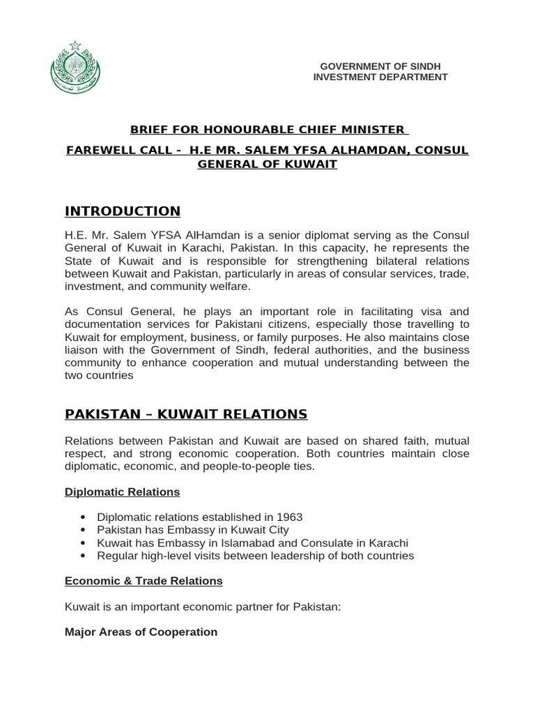 Farewell Note, Brief and Talking Points on Kuwait CG | PDF | Pakistan ...