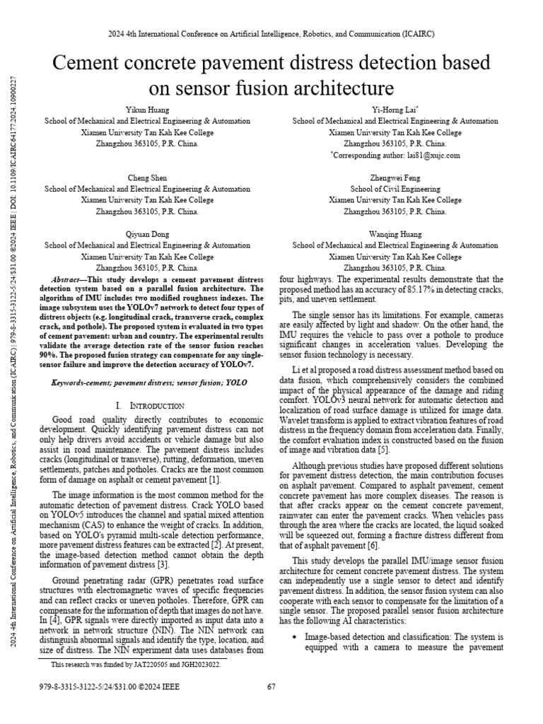 Cement Concrete Pavement Distress Detection Based on Sensor Fusion ...