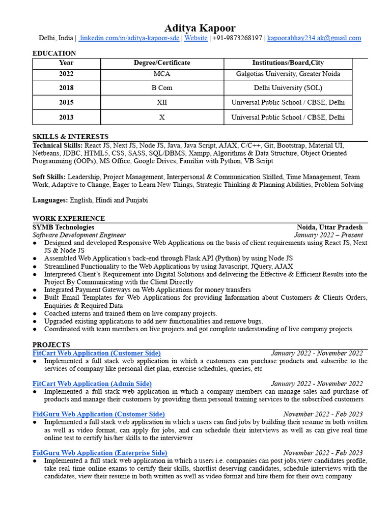 Aditya Kapoor Resume | PDF | Java Script | Web Application