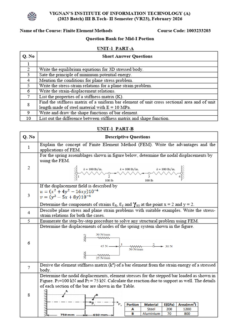 Fem 25-26 III II Me Question Bank Mid-1 | PDF | Finite Element Method ...