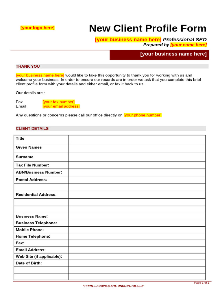 3. New Client Profile Form | PDF