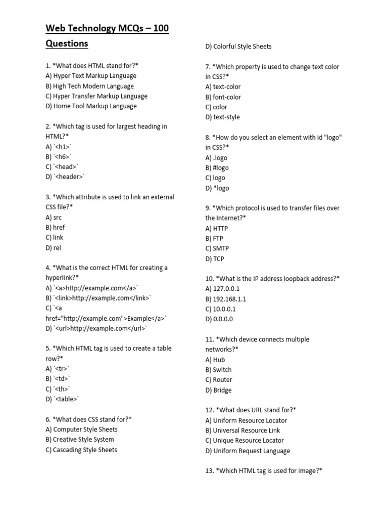 Web Technology MCQs – 100 Questions | PDF | Html | Html Element