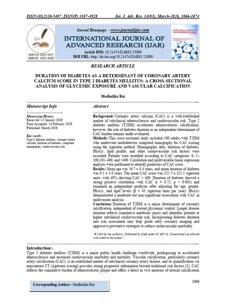 DURATION OF DIABETES AS A DETERMINANT OF CORONARY ARTERY CALCIUM SCORE ...