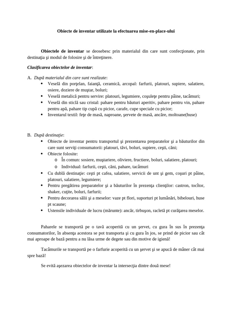 Obiecte de Inventar Utilizate La Efectuarea Miseenplaceului | PDF